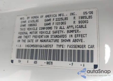 2006 Honda Accord 2.4 Ex z USA, uszkodzony, nr VIN 1HGCM56816A148707